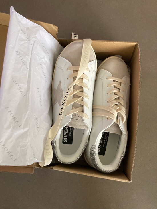 Golden Goose Shoes - White and Beige Superstar Sneakers with Silver Heel NIB